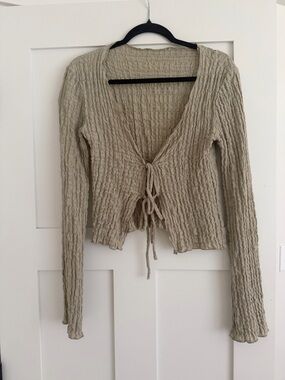 Mango Beige Crinkle Tie-Front Long Sleeve Top